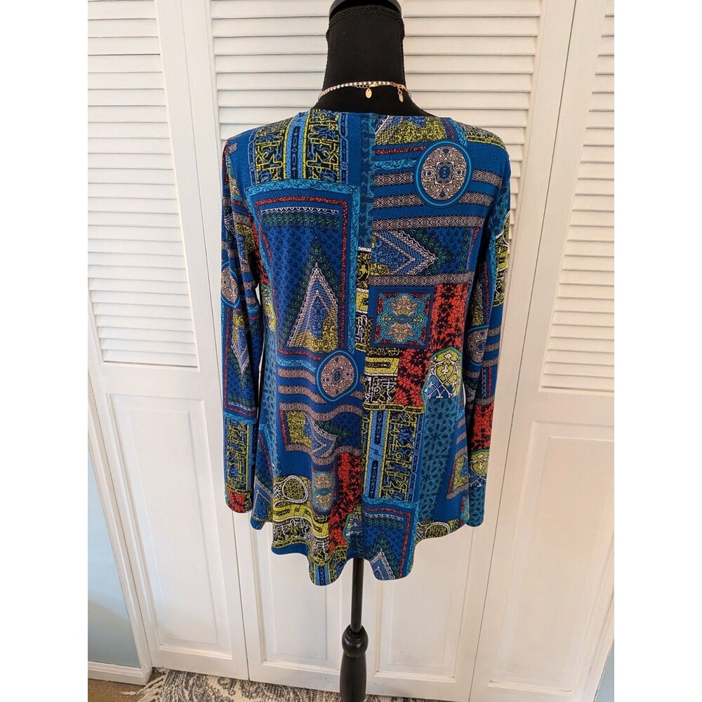 Attitudes by Renee Top Women MP Aztec Blue Orange Abstract Art LiquidKnit Blouse - Picture 8 of 10